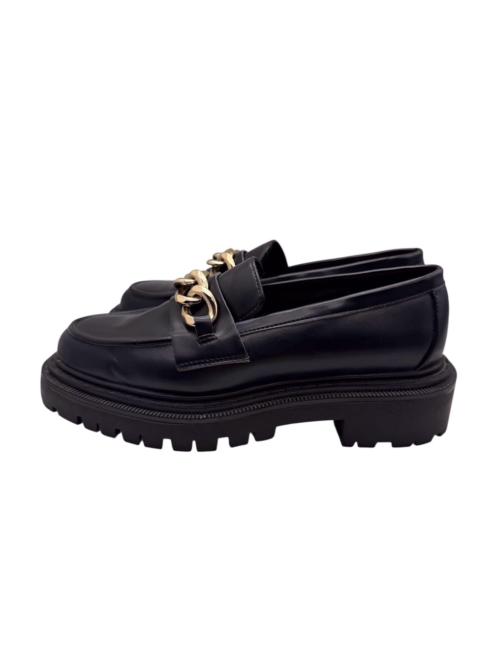 H&M vegan leather platform lug sole slip on loafer w/gold chain detail size 9